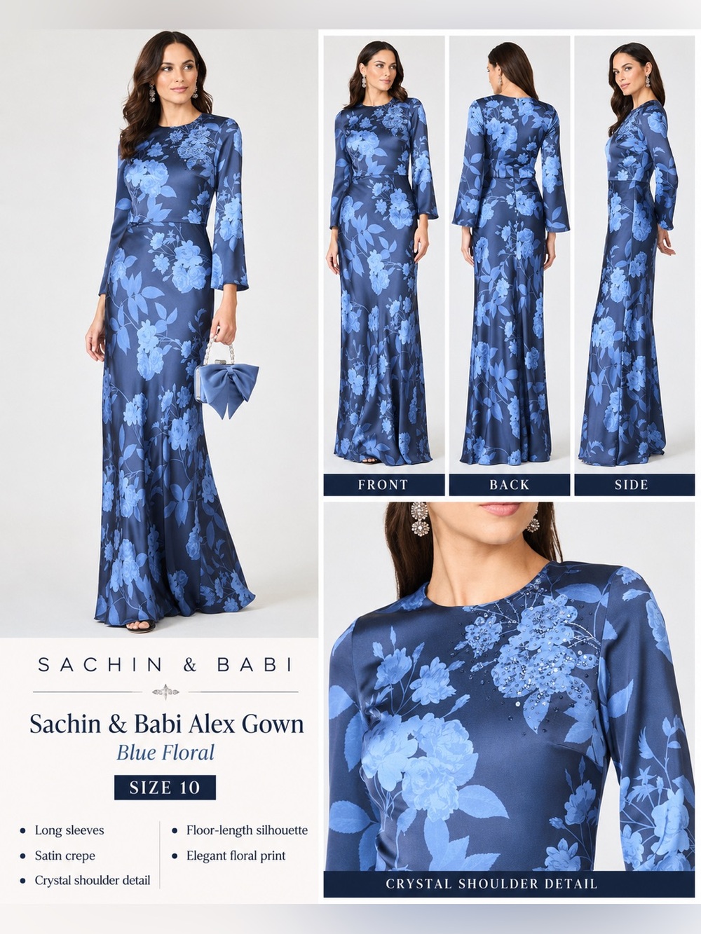 Sachin & Babi Alex Blue Floral Crystal Detail Satin Crepe Gown Size 10 NWOT